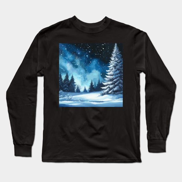 Winter Starry Night Long Sleeve T-Shirt by Siha Arts